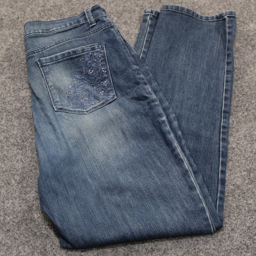 Gloria Vanderbilt‎ Amanda Straight Leg Jeans Womens 12 Blue Floral Embroidered
